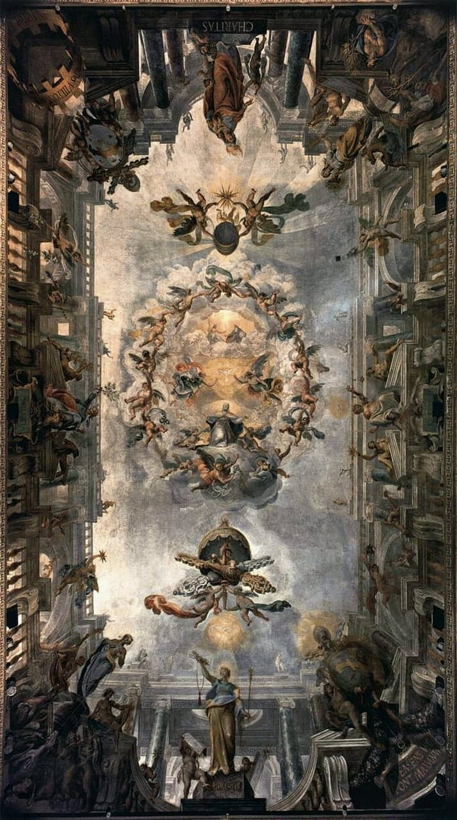 Baroque Ceiling Fresco with Angels and Classical Figures in Architectural Setting HD phone wallpaper