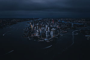 Aerial Night View of Lower Manhattan Skyline and New York Harbor HD wallpaper