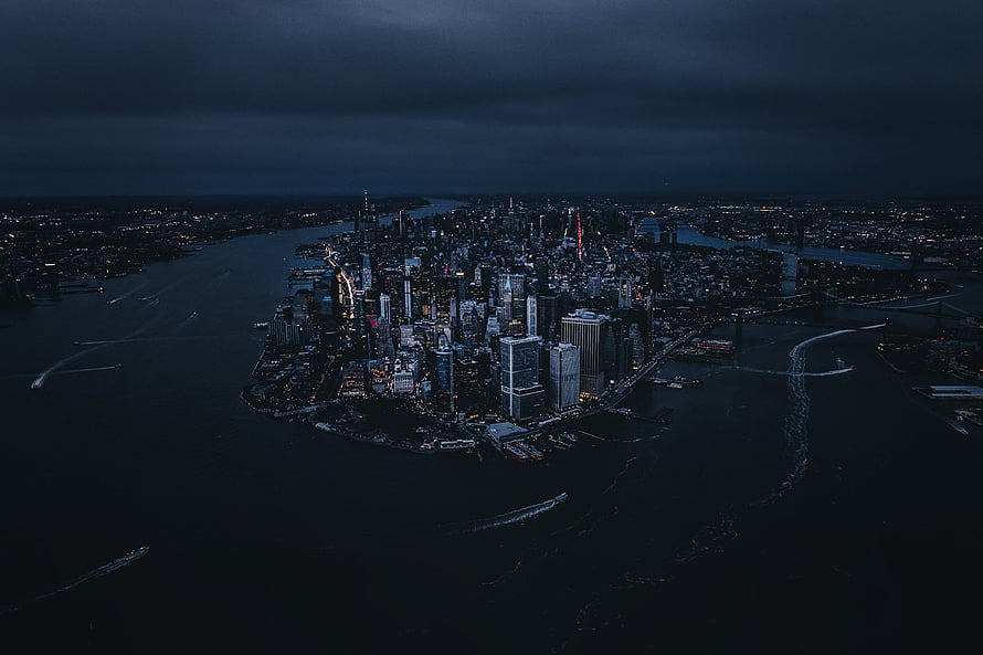 Aerial Night View of Lower Manhattan Skyline and New York Harbor HD wallpaper