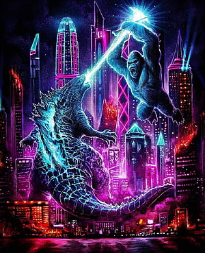 Godzilla and Kong Battle in Neon Cyberpunk Cityscape Digital Art HD phone wallpaper