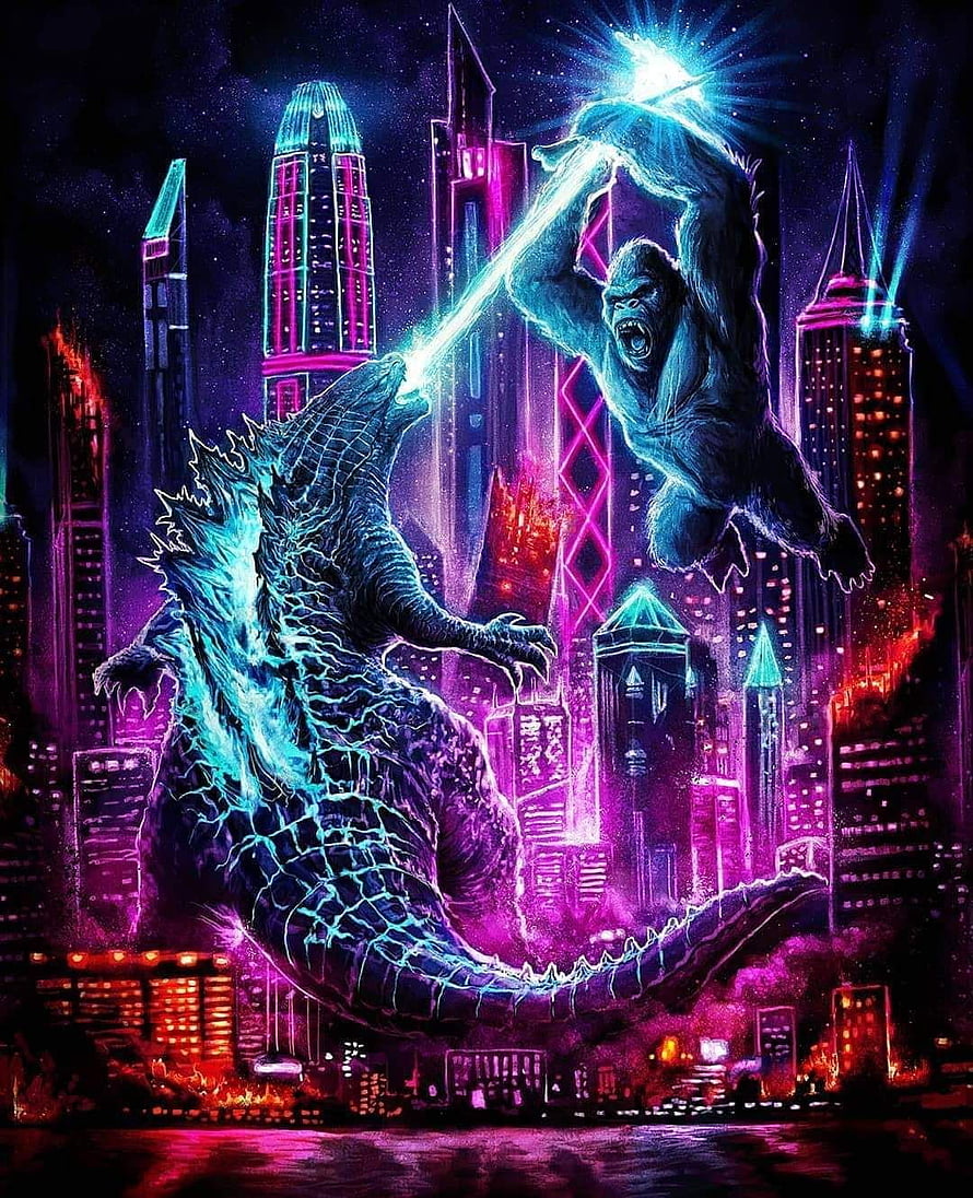 Godzilla and Kong Battle in Neon Cyberpunk Cityscape Digital Art HD phone wallpaper