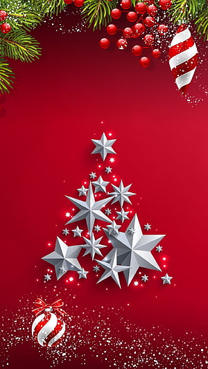 Festive Christmas Tree Made of Silver Stars on Red Background with Pine Branches and Ornaments HD phone wallpaper