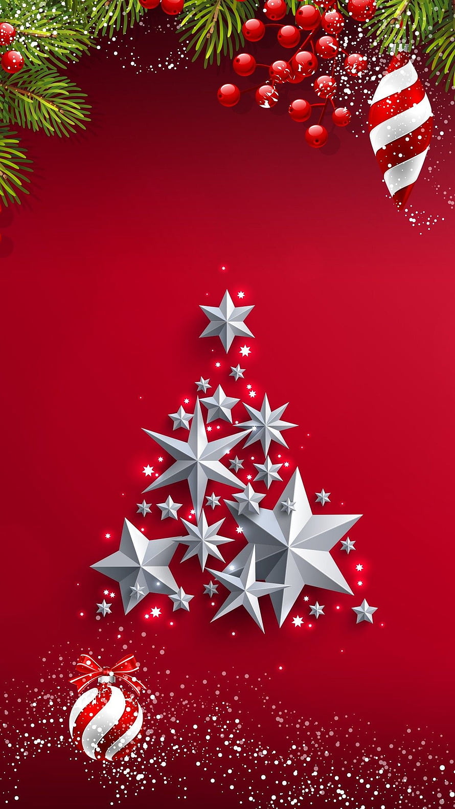 Festive Christmas Tree Made of Silver Stars on Red Background with Pine Branches and Ornaments HD phone wallpaper