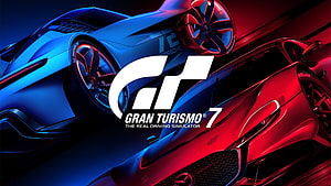 Gran Turismo 7 Official Key Art Featuring Blue and Red Supercars HD wallpaper
