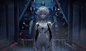 Rei Ayanami in Plugsuit Standing Before Evangelion Unit in Industrial Hangar HD wallpaper