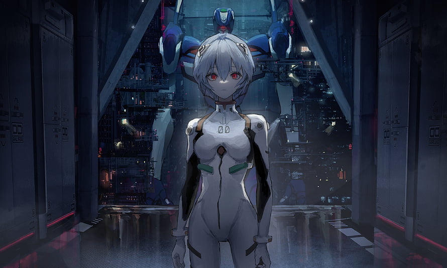 Rei Ayanami in Plugsuit Standing Before Evangelion Unit in Industrial Hangar HD wallpaper