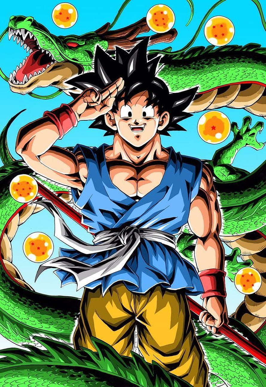 Young Goku with Dragon Balls and Shenron in Dragon Ball GT Manga Art HD phone wallpaper