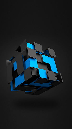 Abstract 3D Geometric Cube Structure with Blue and Black Blocks on Dark Background HD phone wallpaper