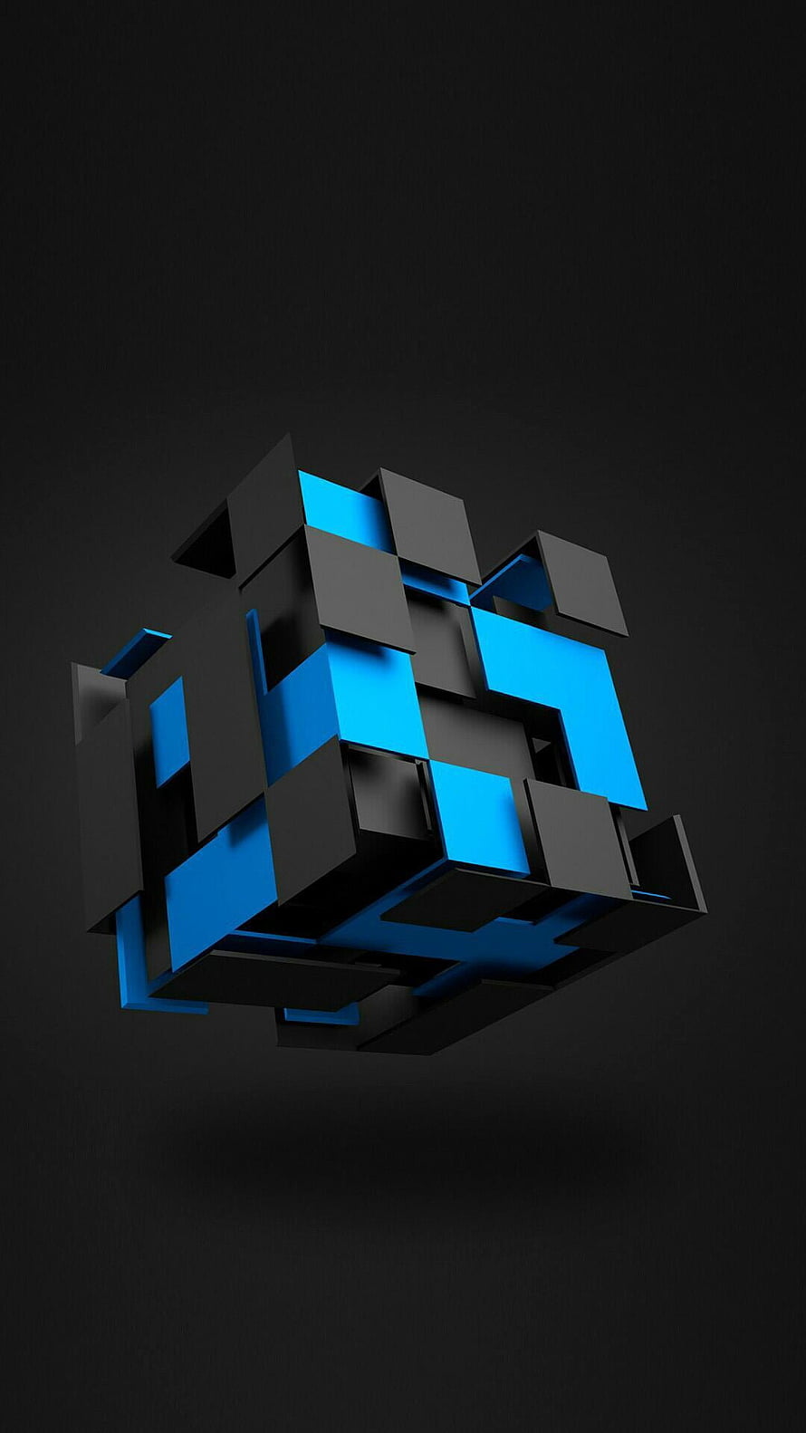Abstract 3D Geometric Cube Structure with Blue and Black Blocks on Dark Background HD phone wallpaper