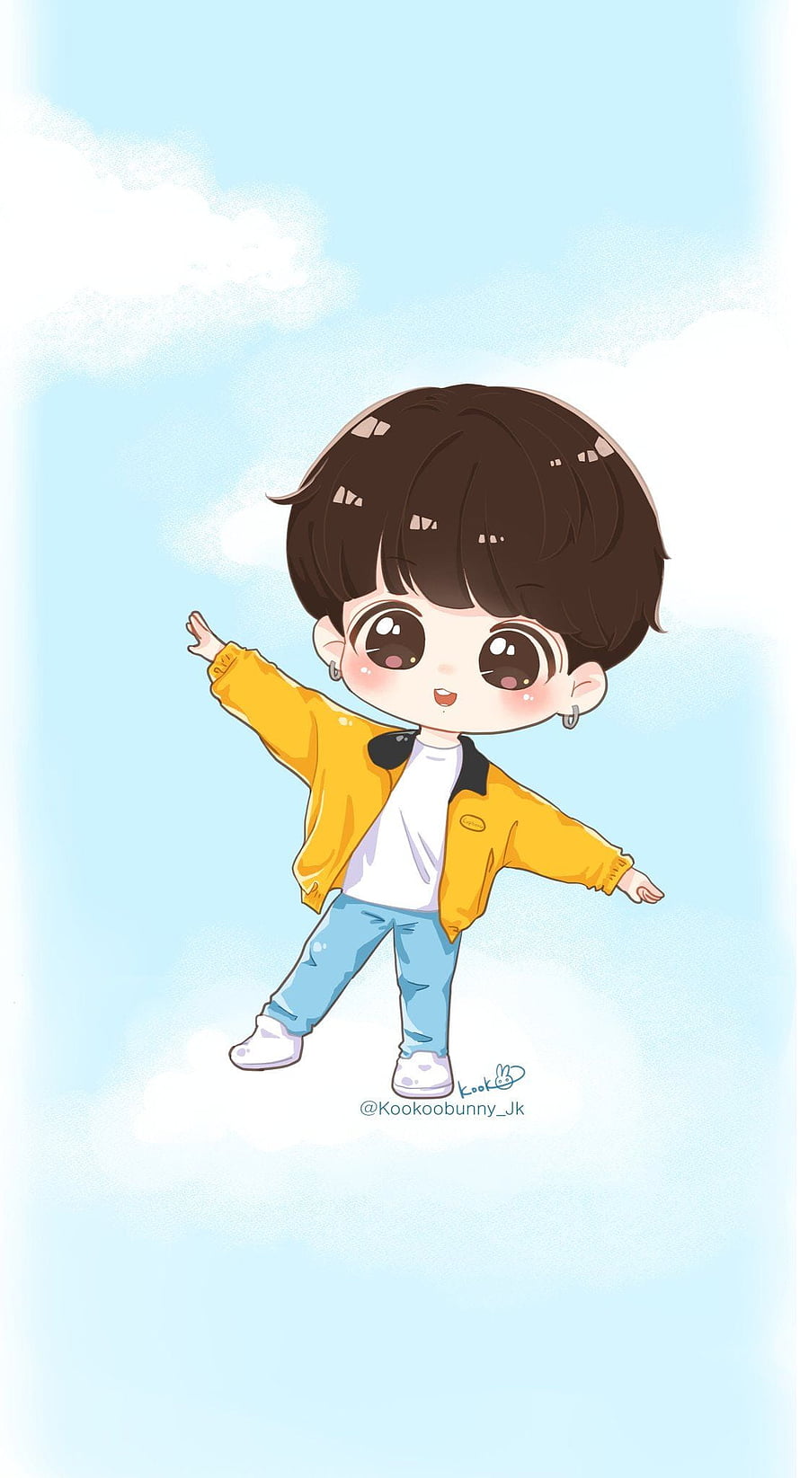 Cute Chibi Boy in Yellow Jacket and Blue Jeans Against a Soft Blue Sky HD phone wallpaper