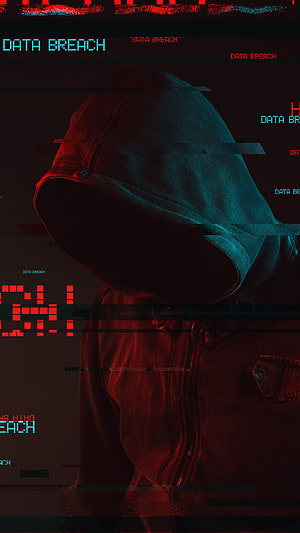 Hacker in Hoodie with Glitch Effect and Data Breach Text Overlay HD phone wallpaper