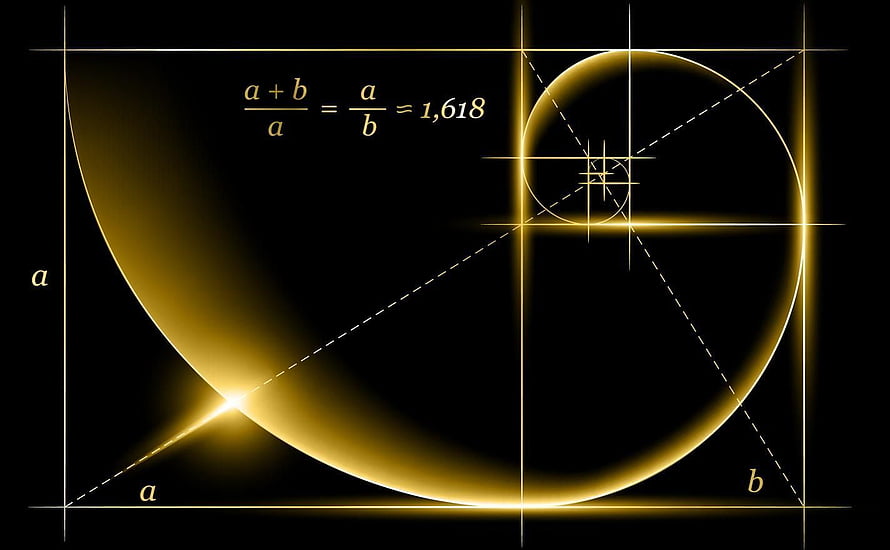 Golden Ratio and Fibonacci Spiral Geometric Diagram with Mathematical Formula on Black Background HD wallpaper