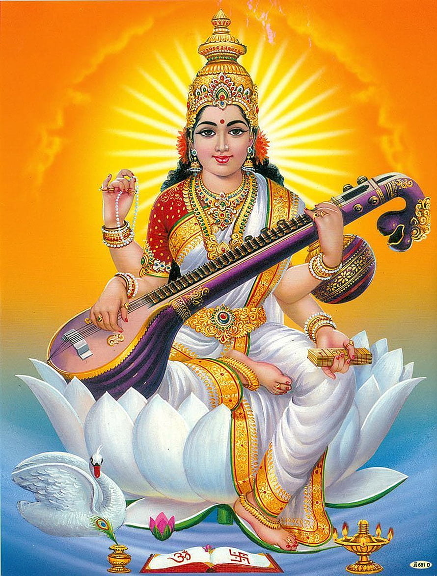 Goddess Saraswati Playing Veena on Lotus Throne with Swan and Sacred Text HD phone wallpaper