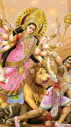 Goddess Durga Riding Lion with Weapons and Demons in Traditional Indian Art HD phone wallpaper