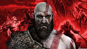 Kratos from God of War in a dramatic red-toned battle scene with armored warriors and fiery background HD wallpaper