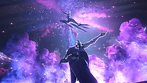 League of Legends Cinematic Scene Featuring Camille and Jhin in Purple Smoke HD wallpaper