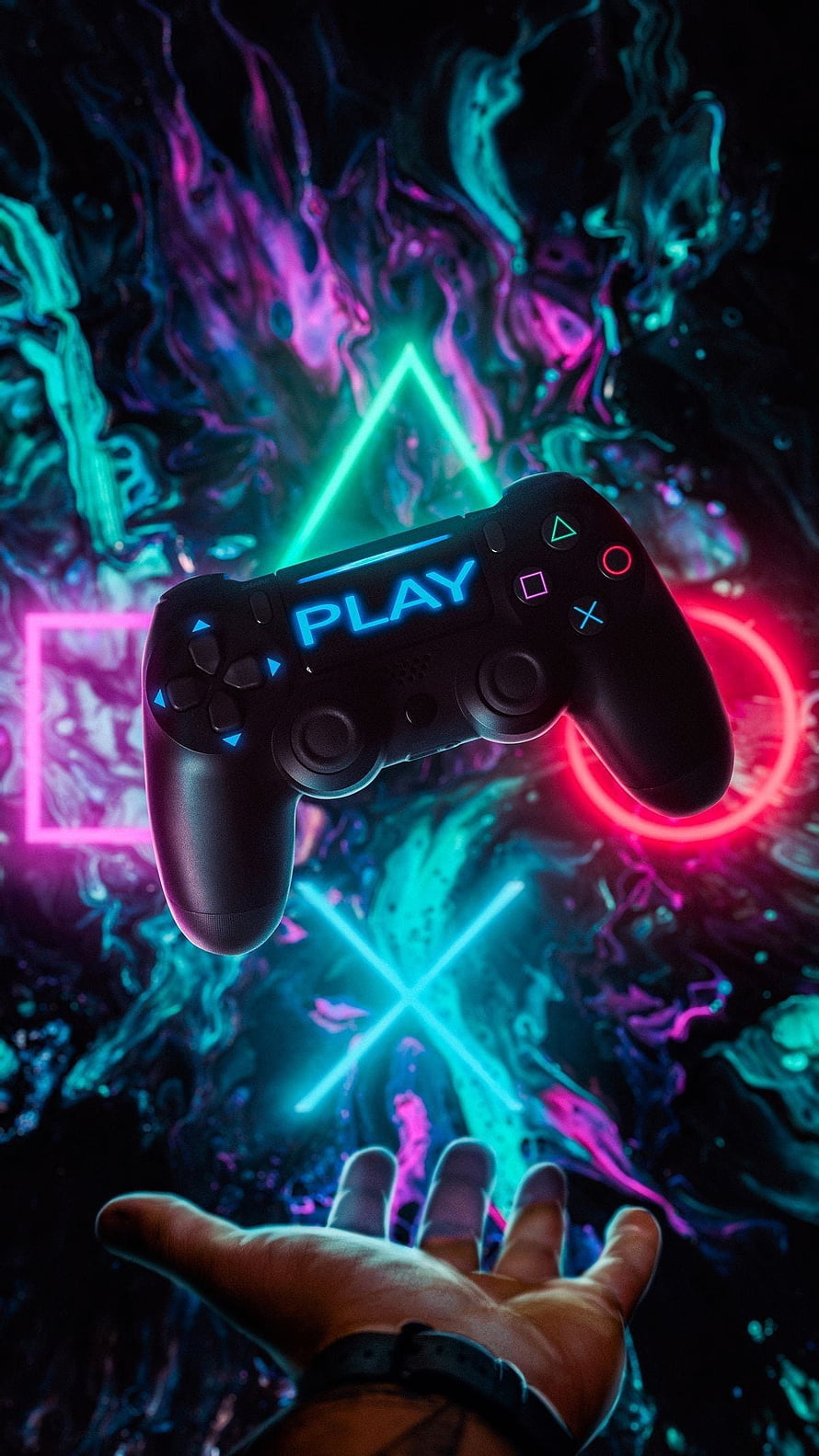 PlayStation Controller Floating Above Open Hand With Neon Geometric Shapes HD phone wallpaper