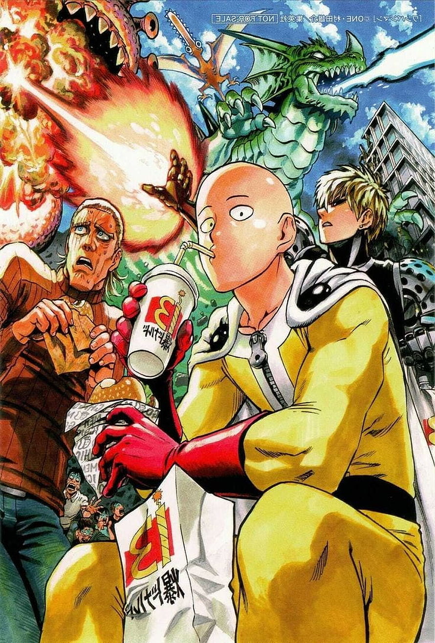 One Punch Man Saitama Eating Fast Food While Monsters Attack City HD phone wallpaper