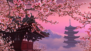 Cherry Blossoms Framing a Japanese Pagoda and Mount Fuji in a Pink Misty Landscape HD wallpaper