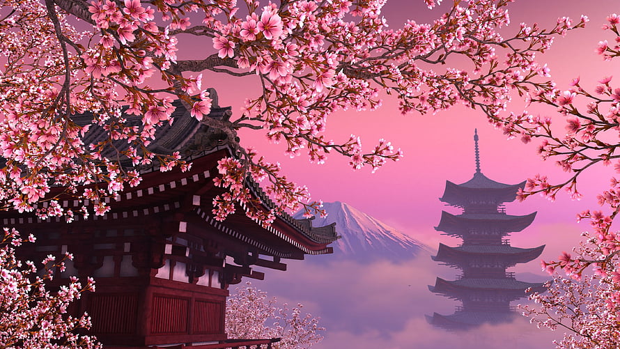Cherry Blossoms Framing a Japanese Pagoda and Mount Fuji in a Pink Misty Landscape HD wallpaper