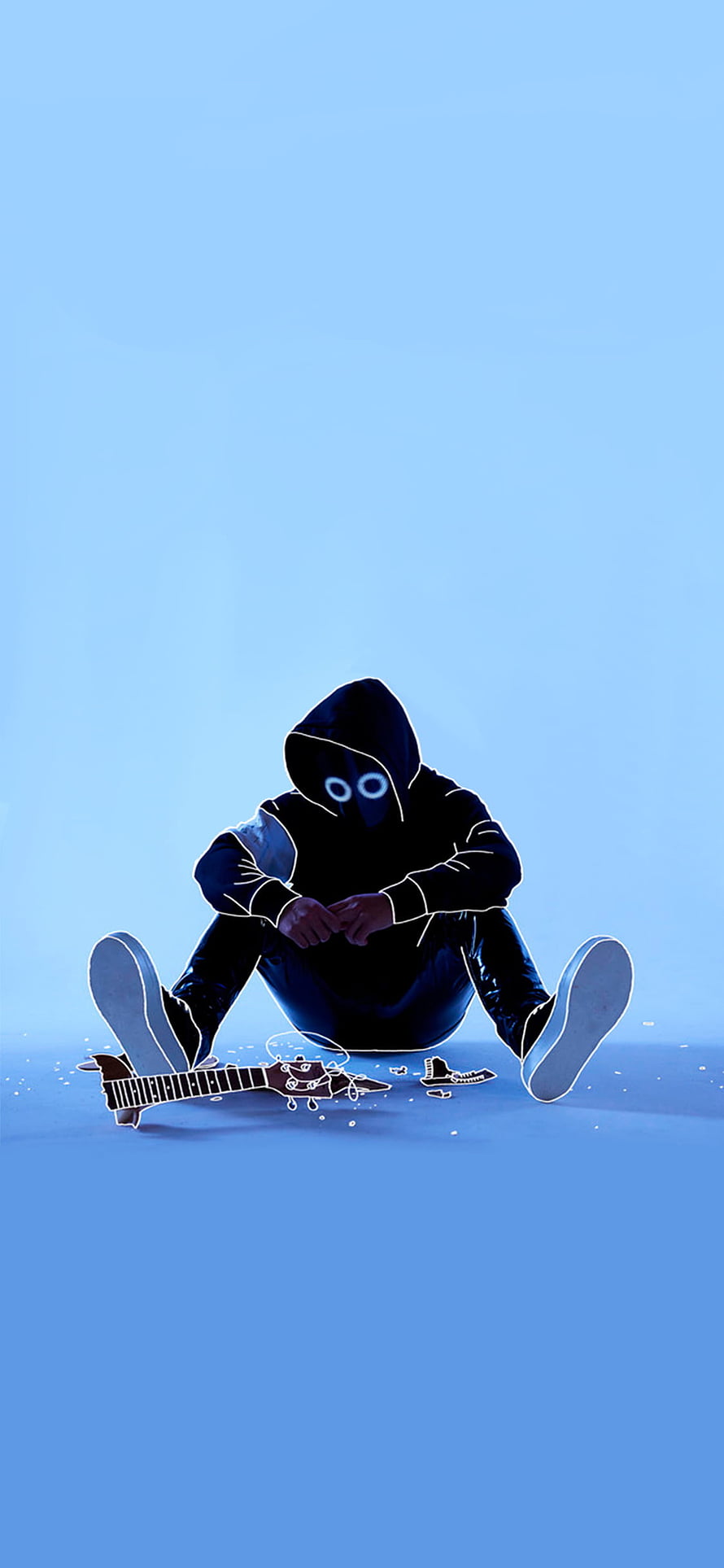 BoyWithUke IDGAF Concept Art: Hooded Figure with Broken Guitar on Blue Background HD phone wallpaper
