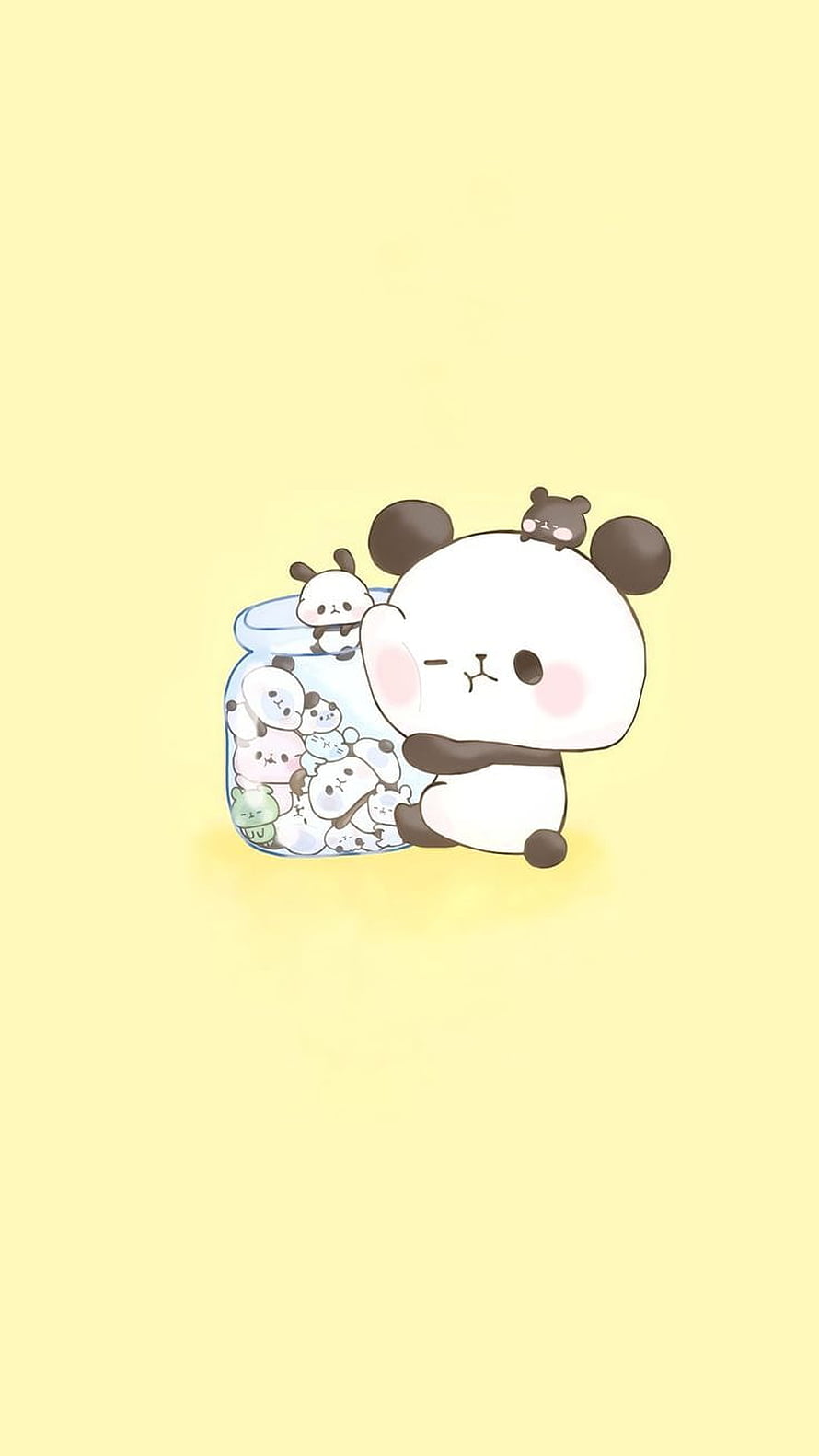 Kawaii Panda Hugging a Jar of Miniature Friends on a Soft Yellow Background HD phone wallpaper