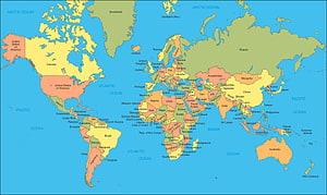Colorful Political World Map with Country Borders and Ocean Labels HD wallpaper