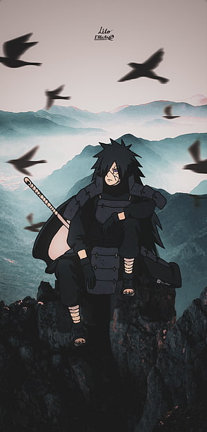 Madara Uchiha Sitting on Rocky Cliff with Birds in Watercolor Style HD phone wallpaper