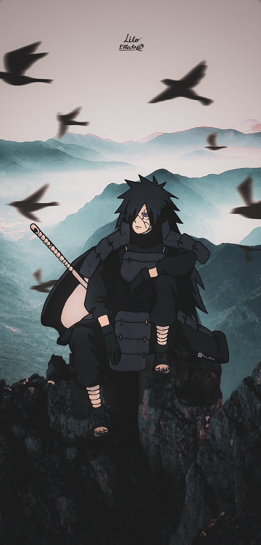 Madara Uchiha Sitting on Rocky Cliff with Birds in Watercolor Style HD phone wallpaper