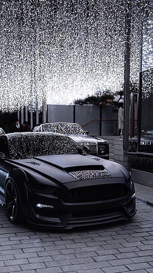 Matte Black Ford Mustang GT and Rolls-Royce Under Crystal Light Installation HD phone wallpaper