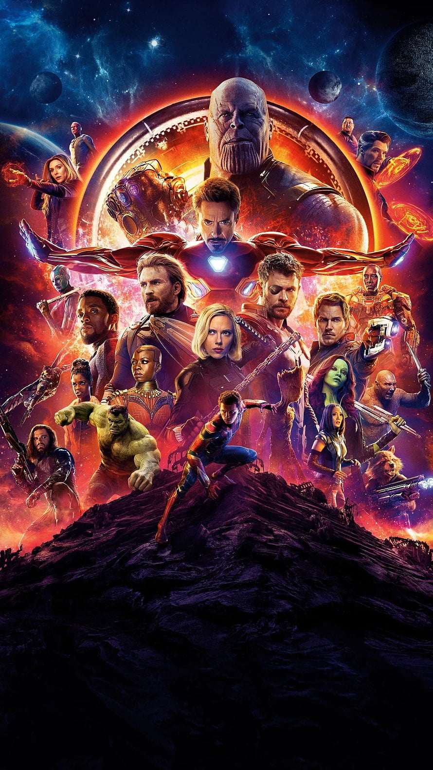 Avengers Infinity War Ensemble Cast Poster Featuring Thanos and Iron Man in Cosmic Setting HD phone wallpaper