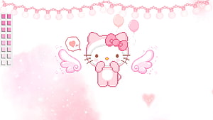 Cute Pixel Art Hello Kitty with Wings and Balloons on a Soft Pink Background HD wallpaper