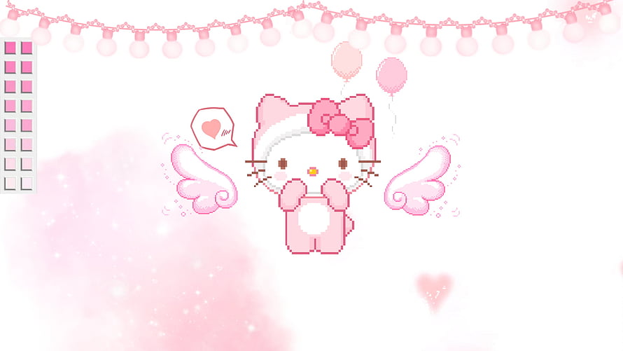 Cute Pixel Art Hello Kitty with Wings and Balloons on a Soft Pink Background HD wallpaper