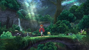Studio Ghibli Animated Forest Scene with Waterfall and Stone Bridge HD wallpaper