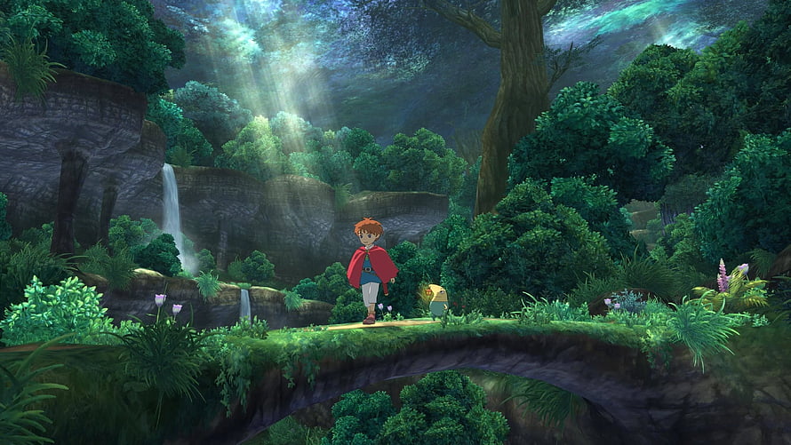 Studio Ghibli Animated Forest Scene with Waterfall and Stone Bridge HD wallpaper