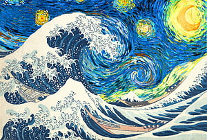 Great Wave off Kanagawa Meets Van Gogh Starry Night Fusion Artwork HD wallpaper