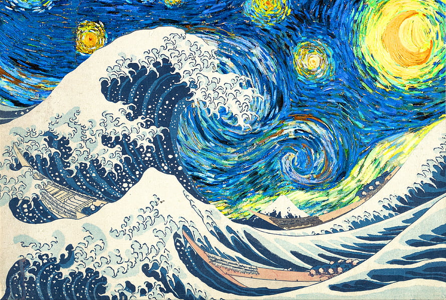 Great Wave off Kanagawa Meets Van Gogh Starry Night Fusion Artwork HD wallpaper