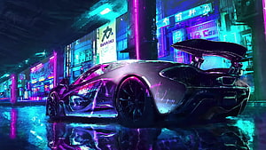 McLaren P1 in Neon-Lit Cyberpunk City Street with Rain Reflections HD wallpaper