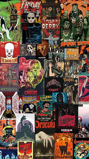 Vintage Horror Movie Poster Collage Featuring Halloween, Scream, and Classic Slasher Art HD phone wallpaper