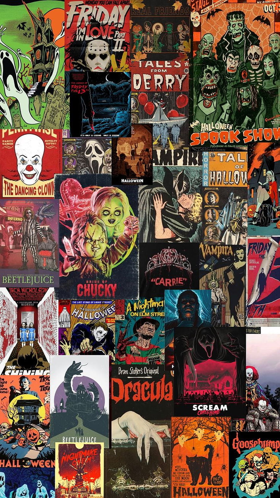 Vintage Horror Movie Poster Collage Featuring Halloween, Scream, and Classic Slasher Art HD phone wallpaper