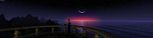 Woman in Blue Gown on Balcony at Night with Crescent Moon and Ocean Horizon HD wallpaper
