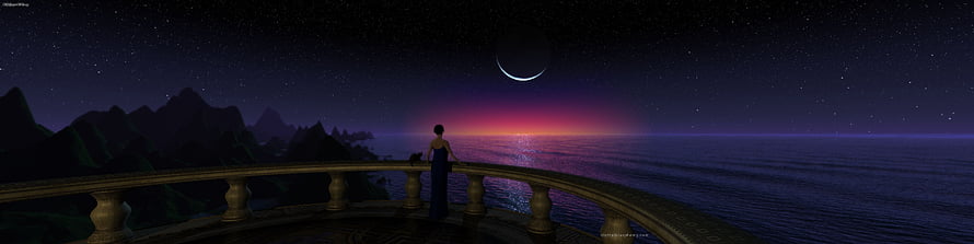 Woman in Blue Gown on Balcony at Night with Crescent Moon and Ocean Horizon HD wallpaper