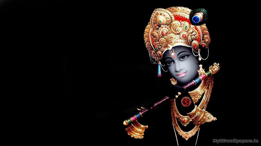 Hanuman with Flute and Ornate Crown on Black Background HD wallpaper