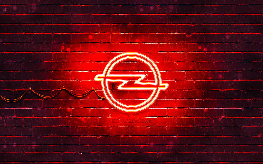 Glowing red Opel neon emblem mounted on a dark textured brick wall HD wallpaper