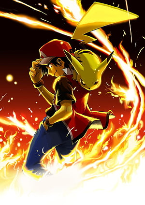 Ash Ketchum and Pikachu in Dynamic Anime Art with Fiery Energy Effects HD phone wallpaper