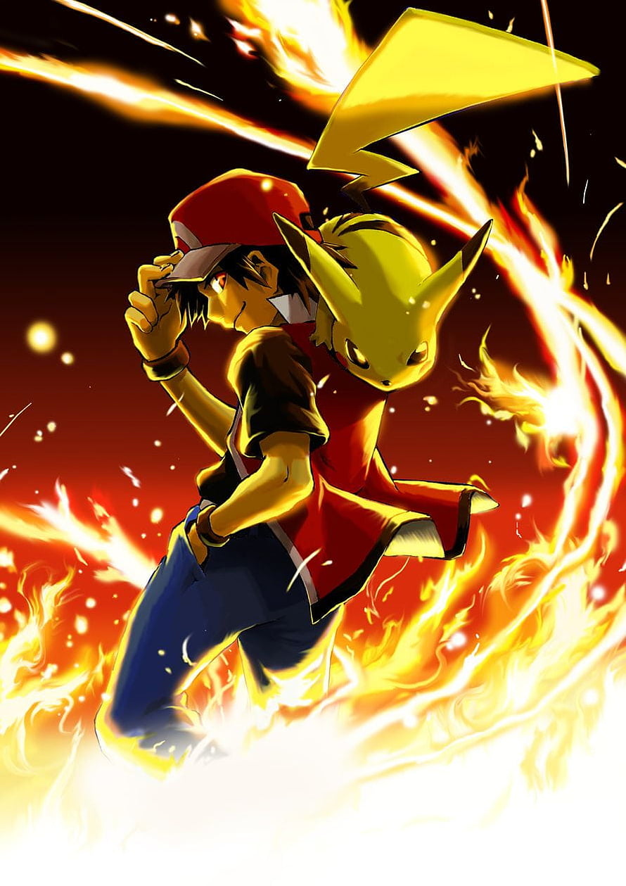 Ash Ketchum and Pikachu in Dynamic Anime Art with Fiery Energy Effects HD phone wallpaper