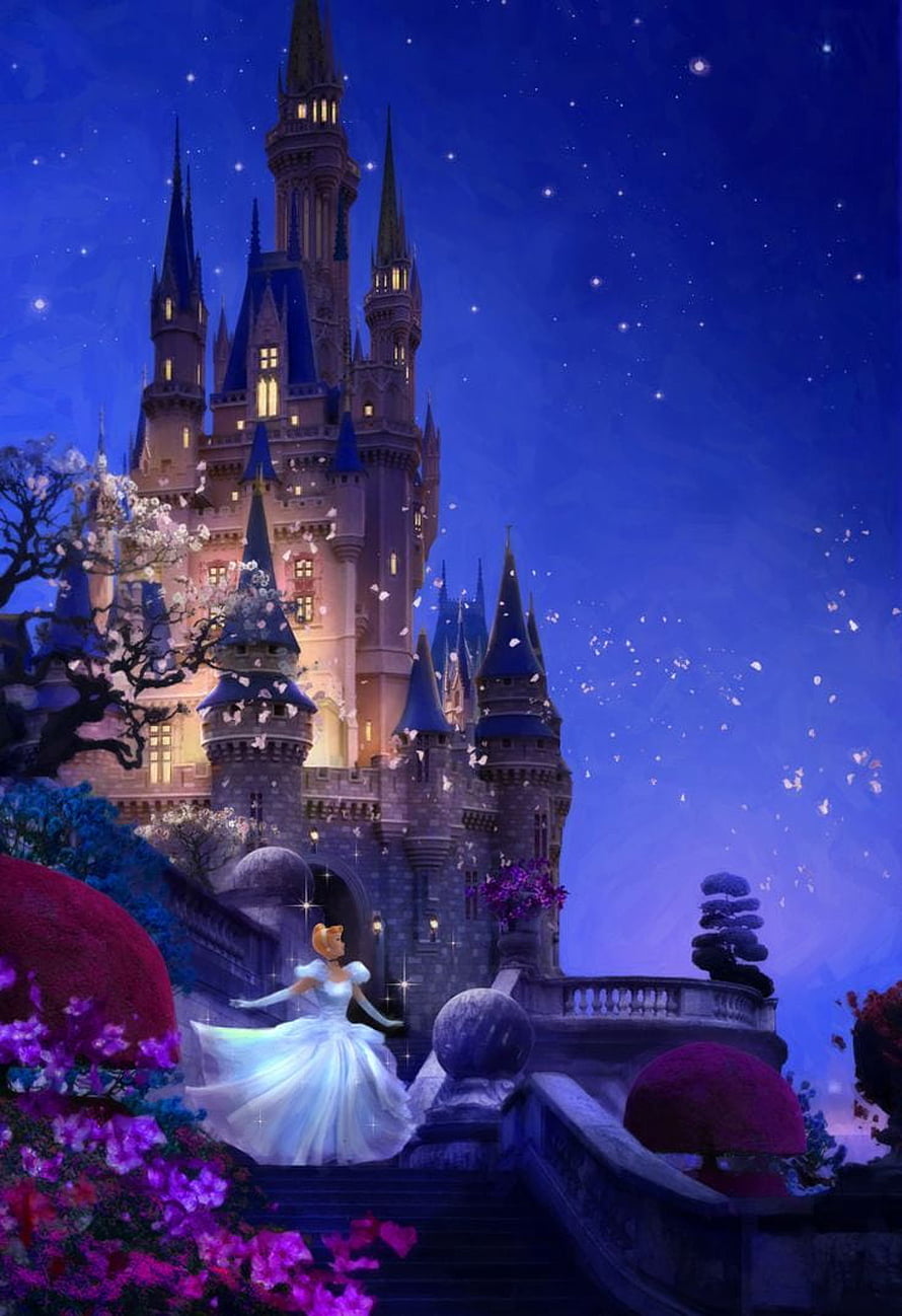 Cinderella in a white ball gown standing before a grand castle at night with falling petals and blooming flowers HD phone wallpaper