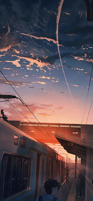 Anime Train Station at Sunset with Dramatic Clouds and Warm Sky HD phone wallpaper