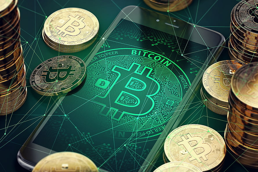 Bitcoin coins and smartphone displaying digital currency network with green circuit board design HD wallpaper