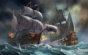 Two Ancient Sailing Ships Battling a Violent Ocean Storm with Explosions HD wallpaper